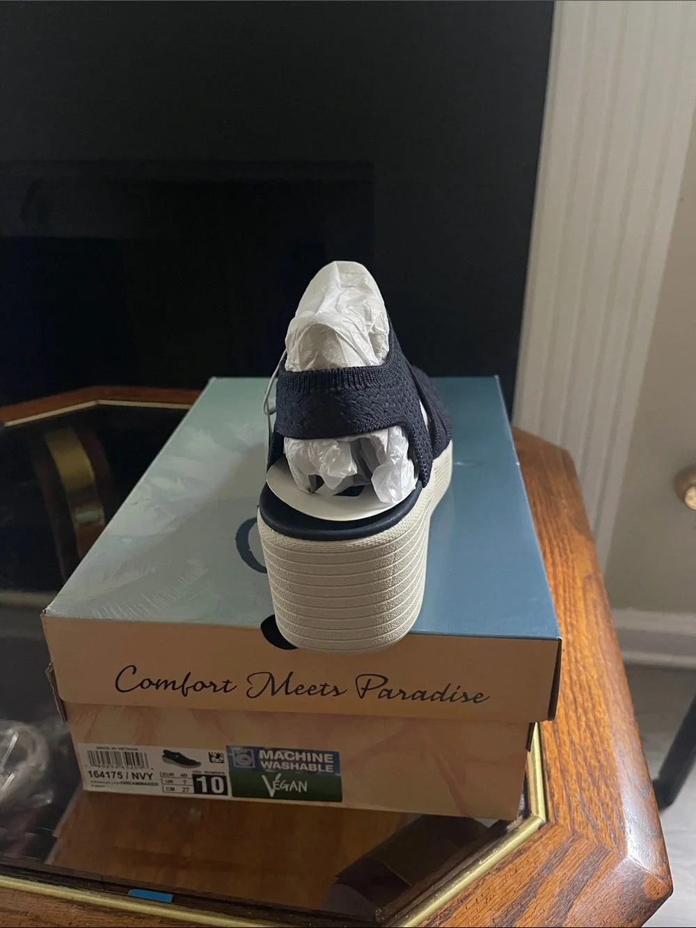 Vionic Navy Knit Wedge Sandal with Cream Platform
